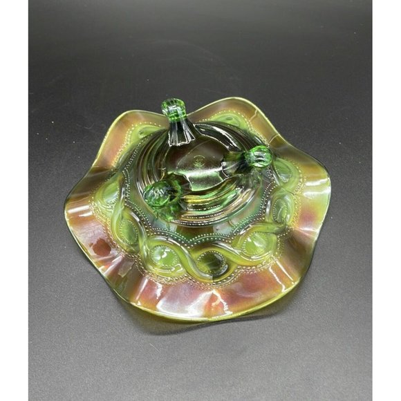Vintage Northwood Beaded Cable Marigold & Green Carnival Glass Footed Bowl 7.5 " - Picture 3 of 4